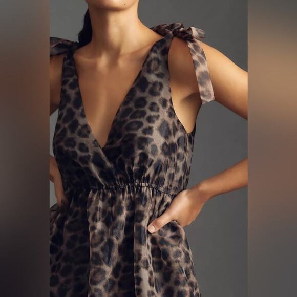 Anthro Daniel Rainn Organza Midi Dress Sleeveless V-Neck Brown Black Size Medium - Picture 3 of 16